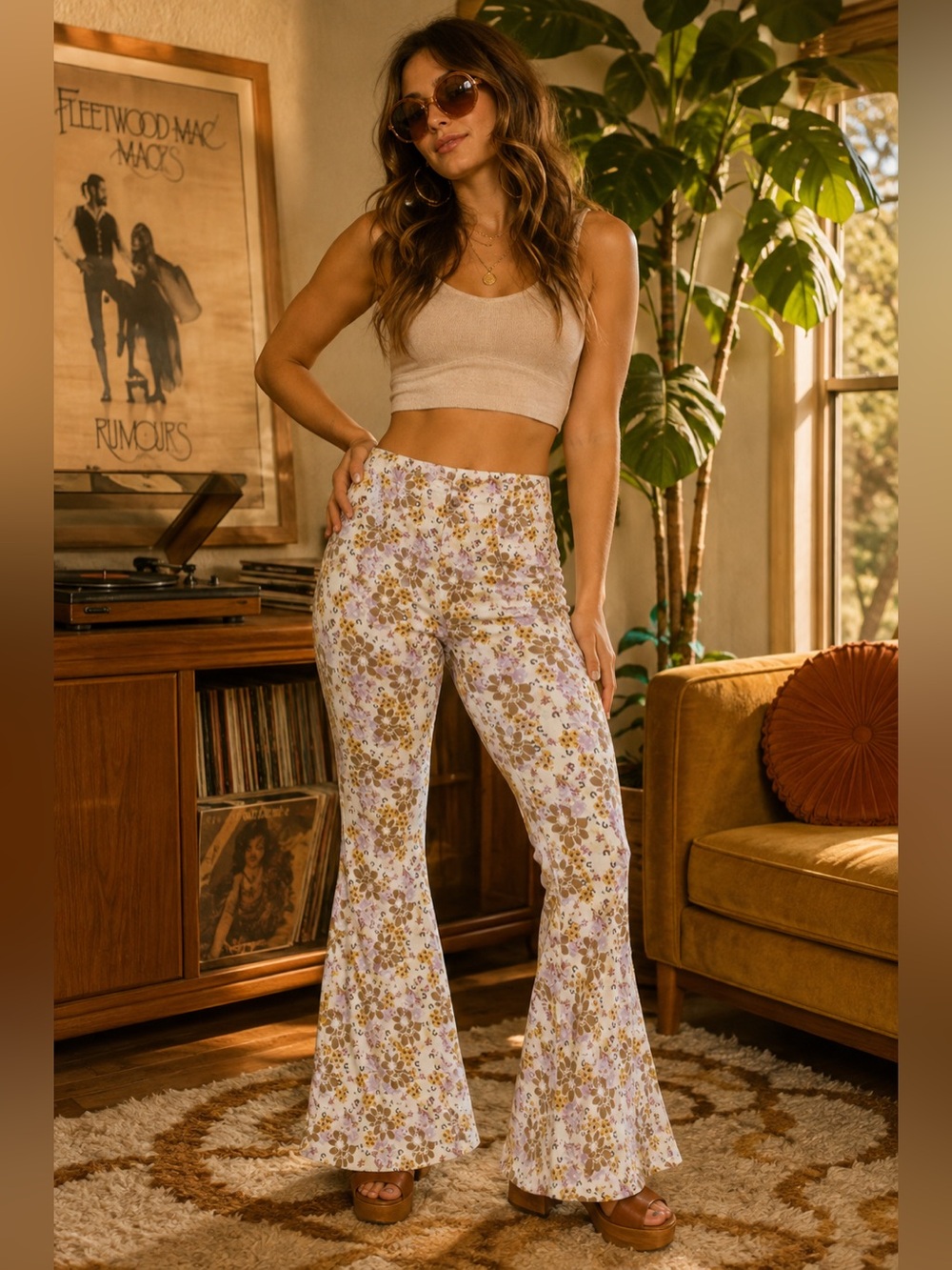 Free People Can't Take My Eyes Off Of You Floral Flare Pant Tea Combo XS Boho 70
